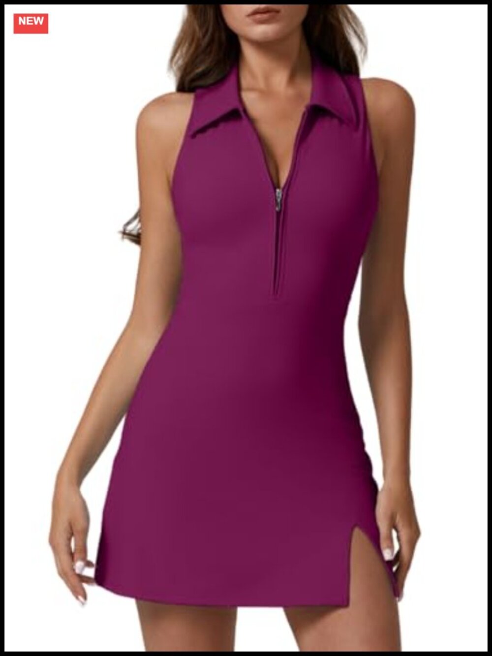 QINSEN Women's Zip Front Tennis Dress with Built-in Shorts and Pockets